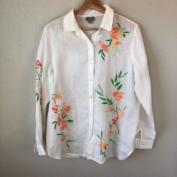 J. Jill Linen Floral Embroidered Button Down Shirt - Picture 1 of 8